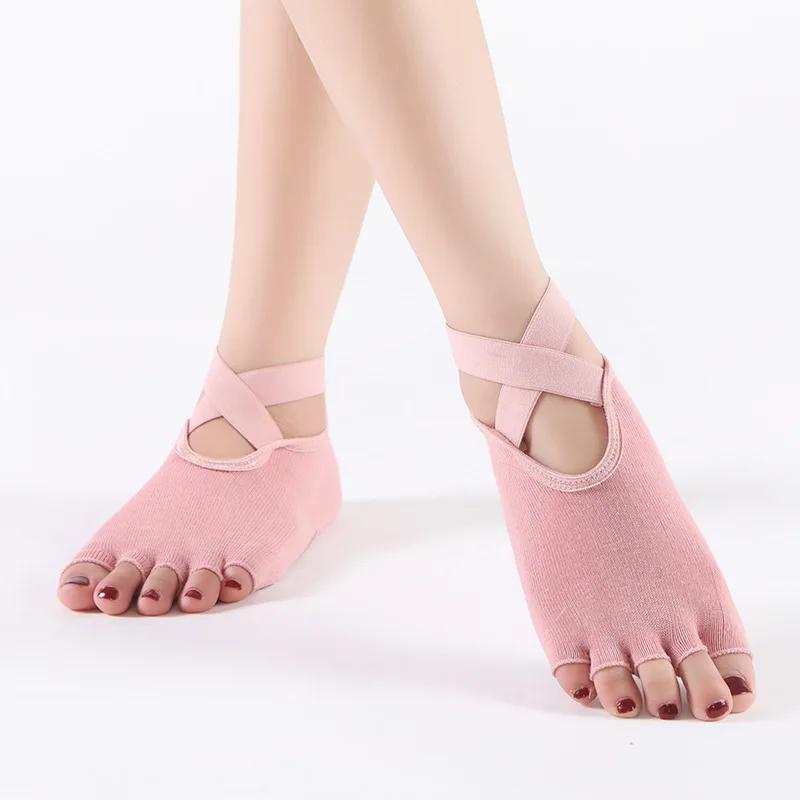 Women Toeless Yoga Socks with Grips Anti-Slip Bandage Sport Socks Ballet Dance Latin Barre Pilates Fitness Equipment Floor Socks