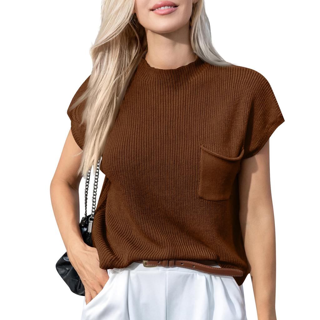Women's Casual Fashion Sexy Color Comfortable And Breathable Round Neck Pullover Knitted Top With Pockets