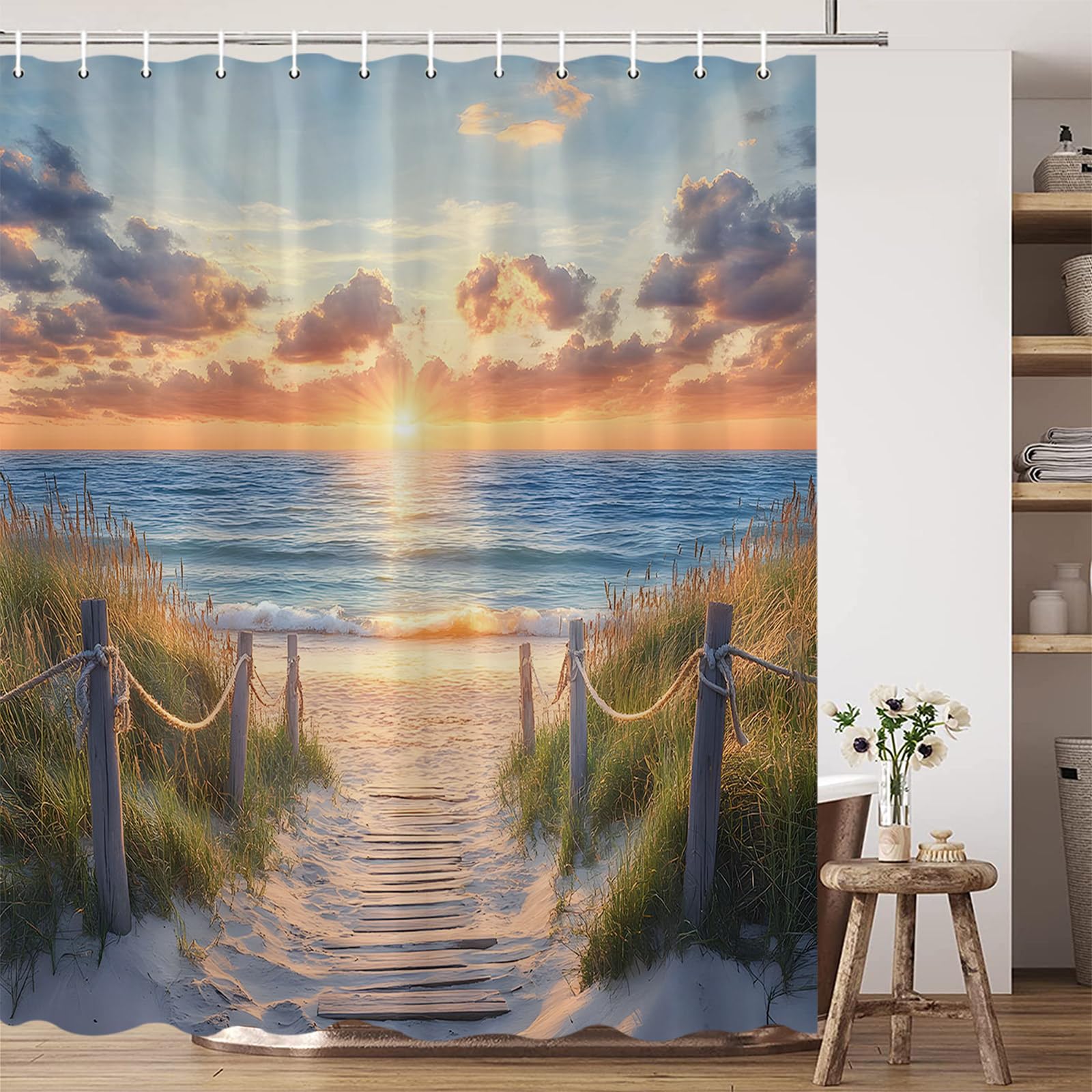 

Шторка для душа в морском стиле с изображением пляжа, восхода/заката, Гавайского побережья, летнего прибрежного пейзажа W90xH180cm(35x70 in)