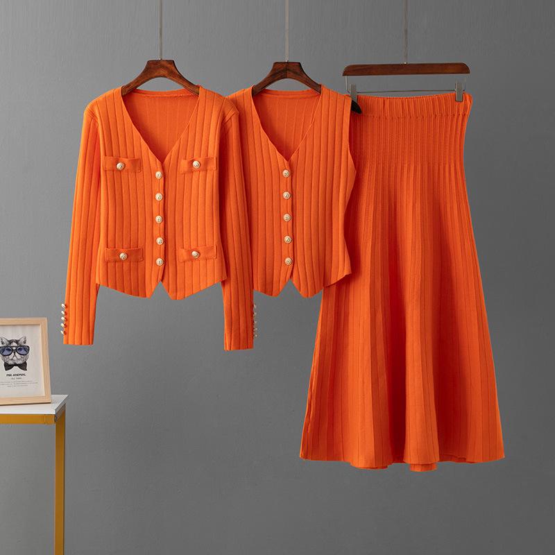 

Женский вязаный кардиган и юбка миди, комплект из двух предметов – повседневный модный наряд в рубчик One Size оранжевый/красный