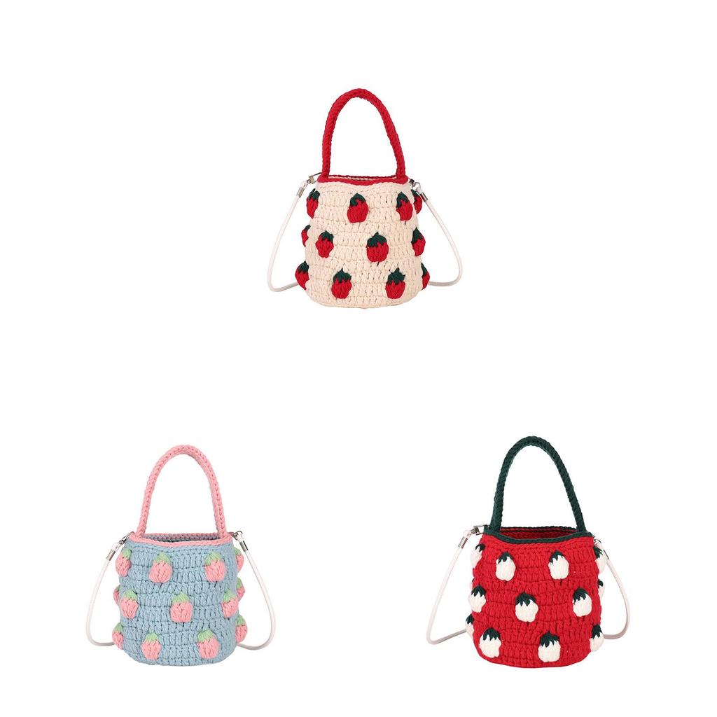 Borsa in Maglia Fatta a Mano a Forma di Fragola con Motivo Floreale per Uso Quotidiano Casual