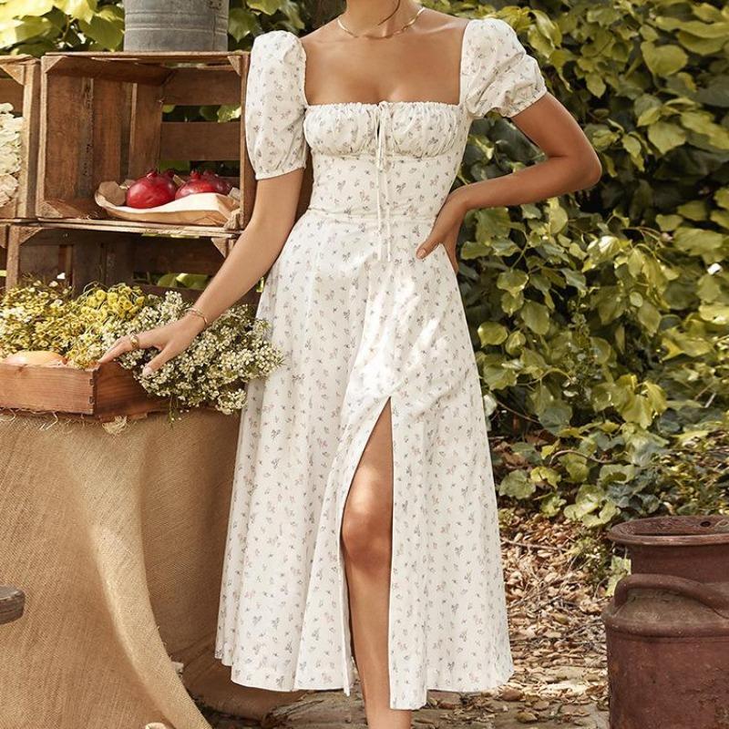 Sexy, geblümtes Clubkleid mit Puffärmeln, elegantem, langem Partykleid mit Schnürung und hohem Schlitz für Damen, süßes Sommerkleid
