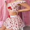 Sweet Strawberry Lingerie Set for Women Wirless Bra and Mini Skirt Set Mesh Ruffle Lingerie Off Shoulder Cute Pajama Sets