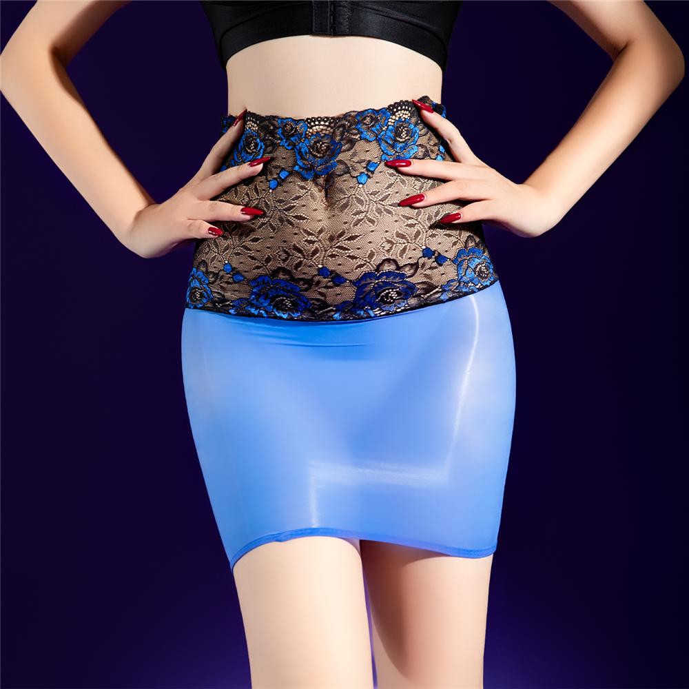 Sexy Women Lace High Waist Skirt Oil Glossy Shiny Micro Mini Skirt Sheer See Through Tight Elastic Maid Skirt Candy Color