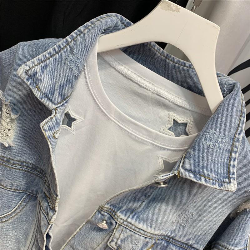 Womens Loose Fit Denim Jacket Vintage Style Pockets Frayed Edges Slimming Casual