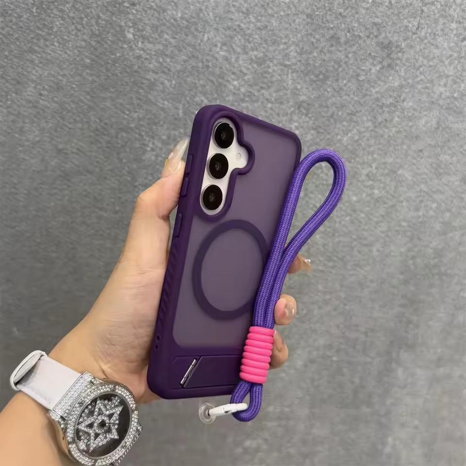 Fashion Wristband Lanyard Case for Samsung Galaxy S26 S25 Ultra S24 S23 Plus FE S25Edge S26+ 45° Bracket Matte Shockproof Cover
