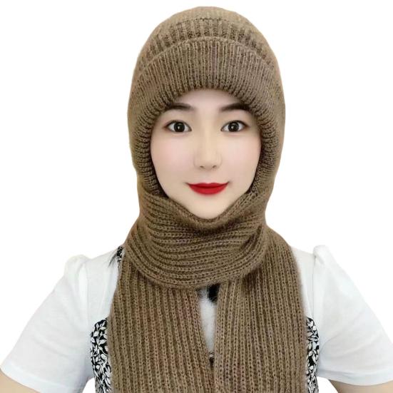 Women Winter Hat with Scarf Thick Warm Plush Windproof Cycling Headwear Solid Color Elastic Full Protection Outdoor Travel Cold Weather Skiing Cap