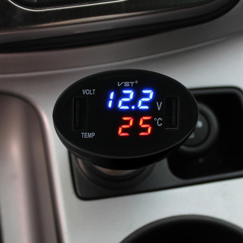 3 in 1 Car Cigarette Lighter 12/24V Dual USB Charger Digital LED Thermometer Voltmeter Monitor Car Volt Meter Current Meter
