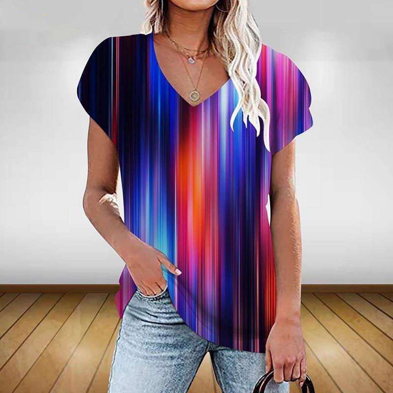 

Fashion New Colorful Gradient 3D Print T-Shirts Women V Neck Short Sleeve T Shirt Y2k Top Tees Oversized Harajuku Woman Clothing S