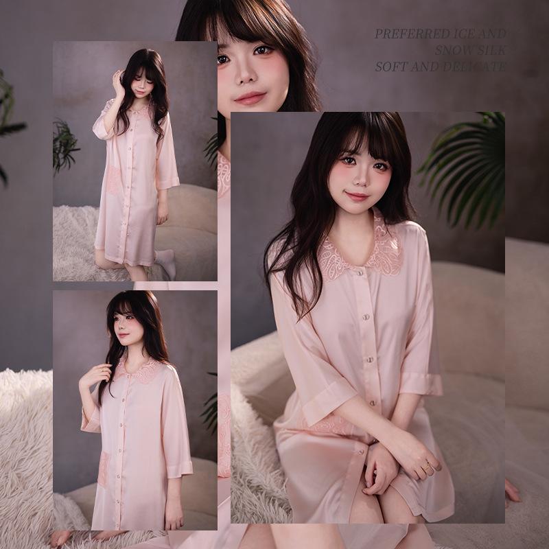 Sweet Princess Lace Satin Pajamas for Women - Long Sleeve/Long Pants Ice Silk Two-Piece Set for Spring/Autumn