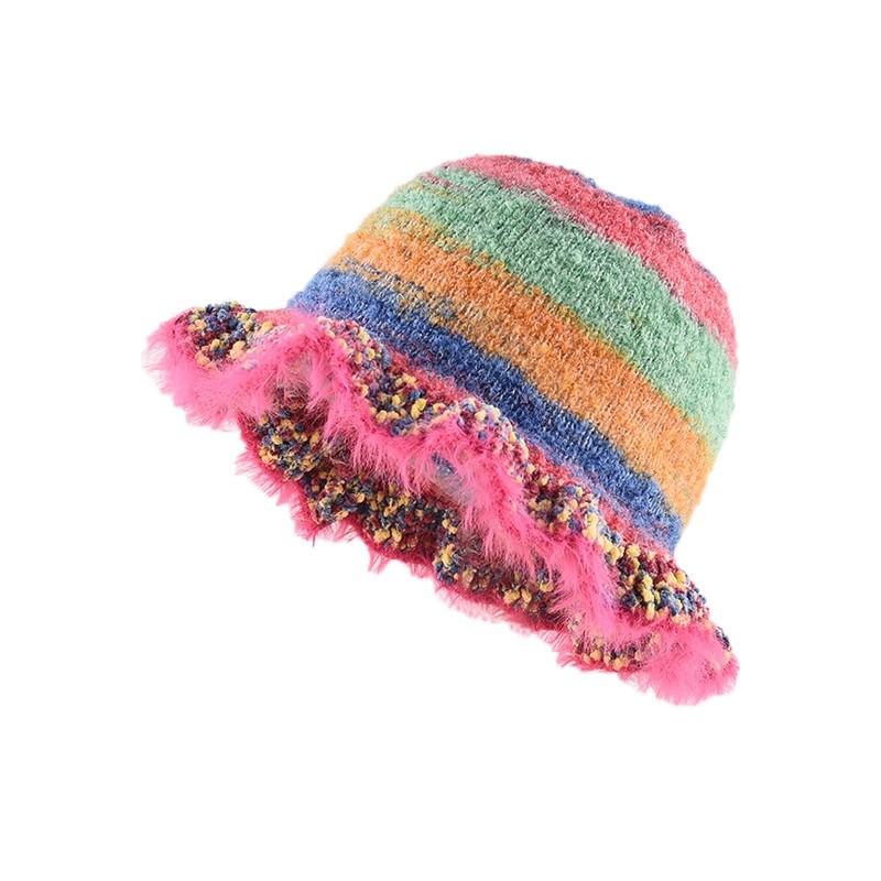 Rainbow Oil Painting Gradual Change Knitted Wool Hat Children Autumn and Winter Warm Plush Bucket Hat Basin Hat Tide