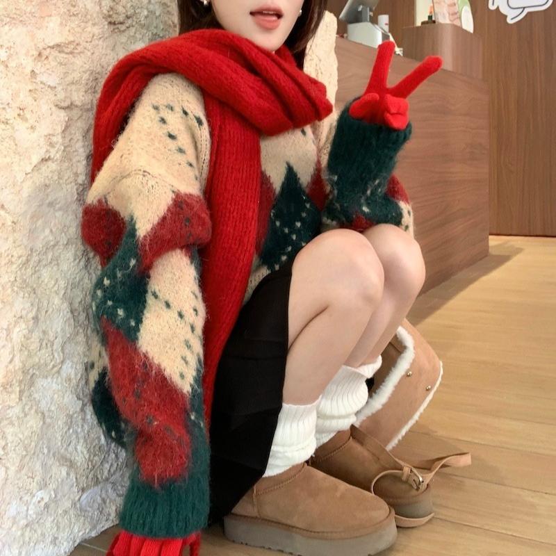 Autumn and Winter Vintage Print Pullovers Christmas Sweaters Women Fashion Loose O Neck Knitted Sweater Women Elegant Warm Casual Ladies Jumpers 25509