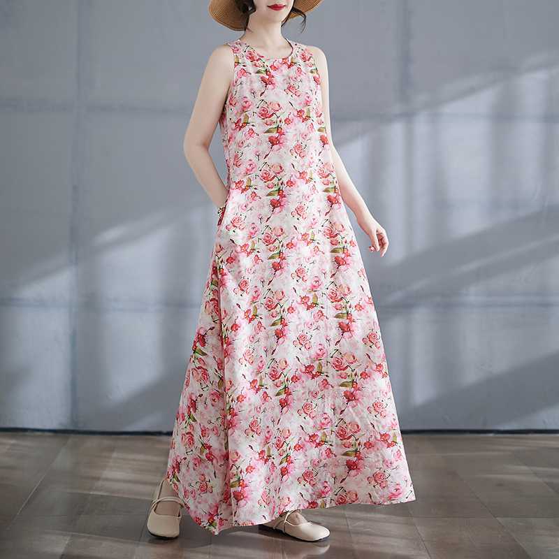 New Long Skirt Summer Sleeveless Round Neck Printed Dress