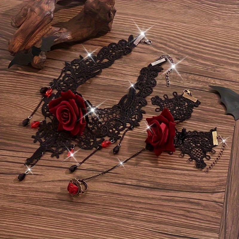 [No Plating Red Roses Jewelry] Women's Dark Punk Style Lace Flower Necklace, Gothic Vintage Choker with Red Roses, All-Season, for Daily & Party Wear