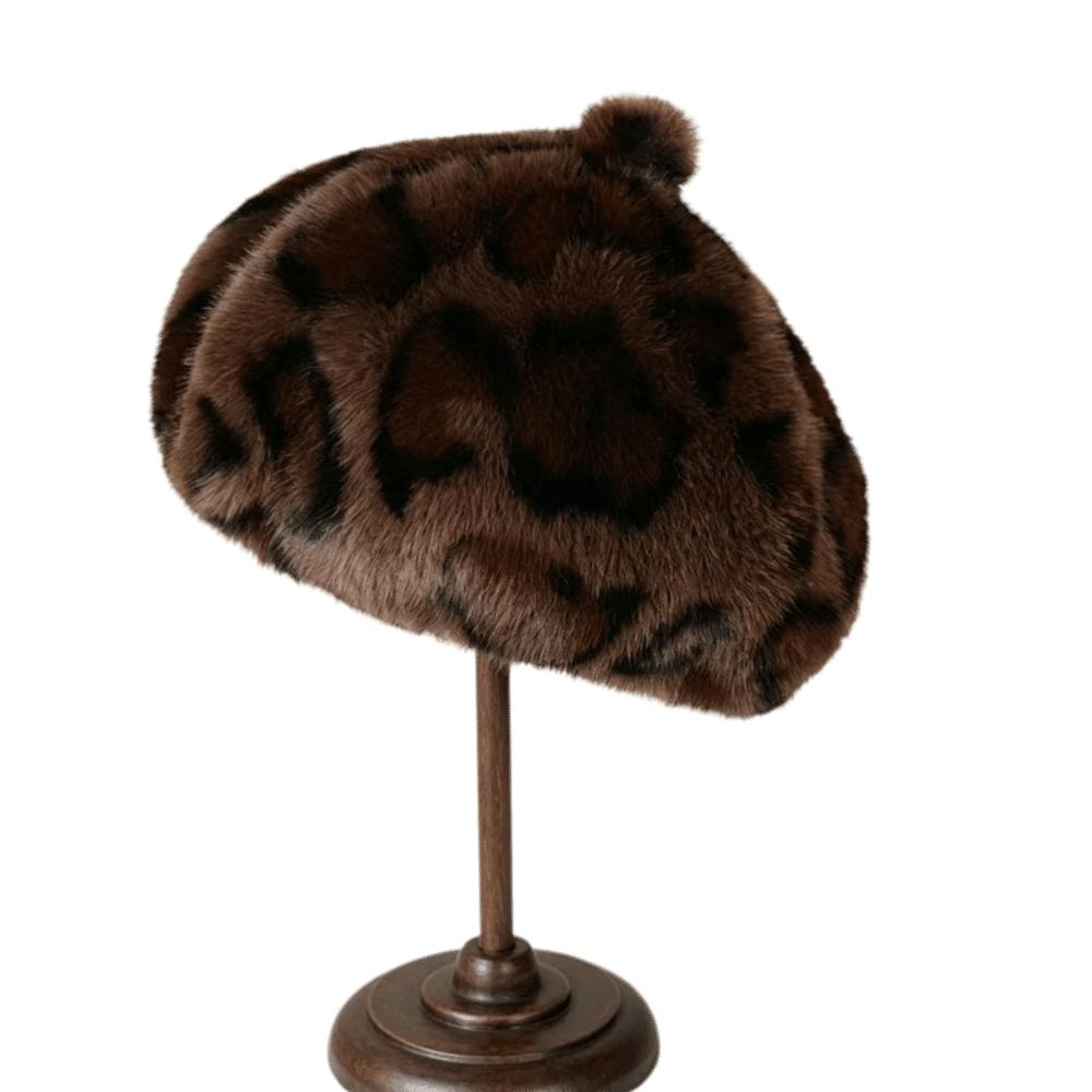 Leopard Print Faux Rabbit Fur Beret Flush Furry Fluffy Plush Beret Octagonal Beanie Cap  Women Girl