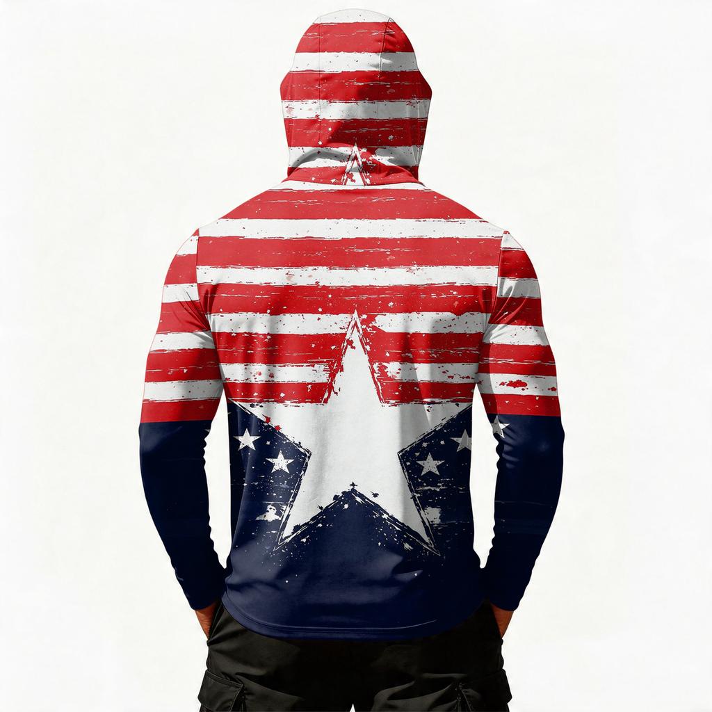 Men's Casual Hooded Long Sleeve Sun Protection Top with Independence Day Print Star Pattern Pullover Lightweight Shirt