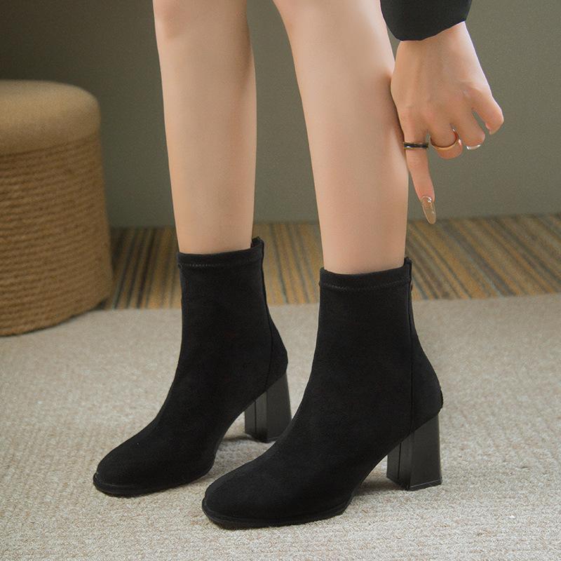 Suede apricot high-heeled short boots women's 2025 early autumn new single boots square head thick heel thin boots women's high heels