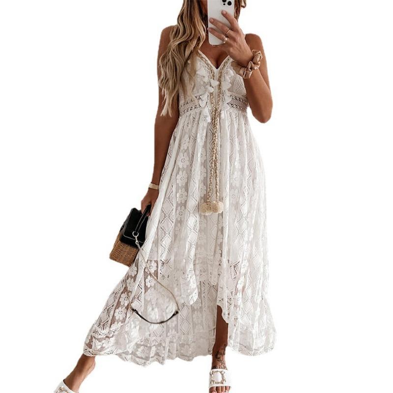 Summer Women's Fashion Temperament V-neck White Lace Irregular Maxi Dress