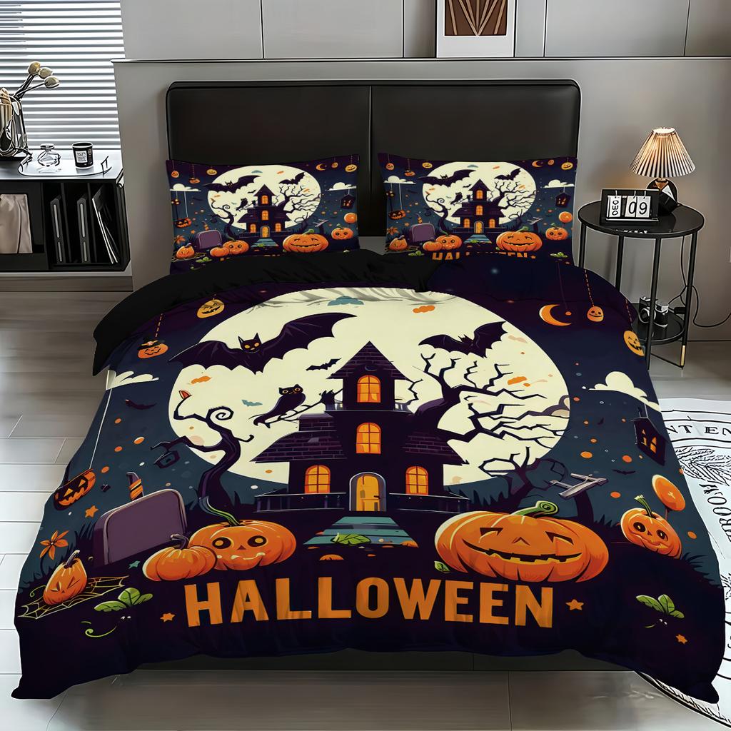 3-piece Halloween themed pumpkin ghost castle pattern 1 quill cover+2 pillowcases coreless soft and comfortable bedding set
