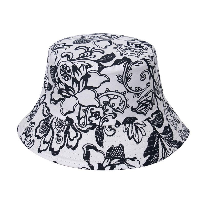 Style Tropical Black And White Leaf Flower Print Shade Doublesided Fisherman Hat