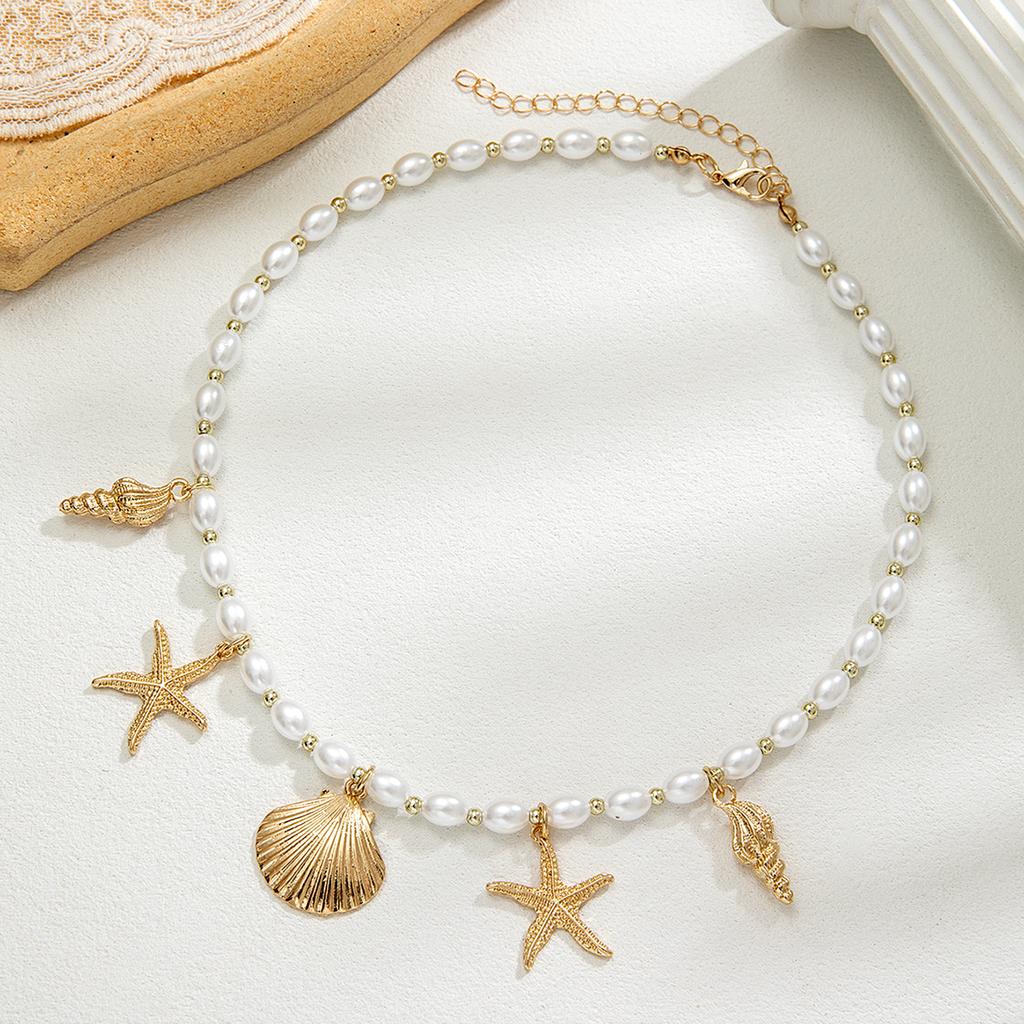 Bohemian style alloy conch scallop starfish tassel necklace imitation pearl bead summer beach choker necklace