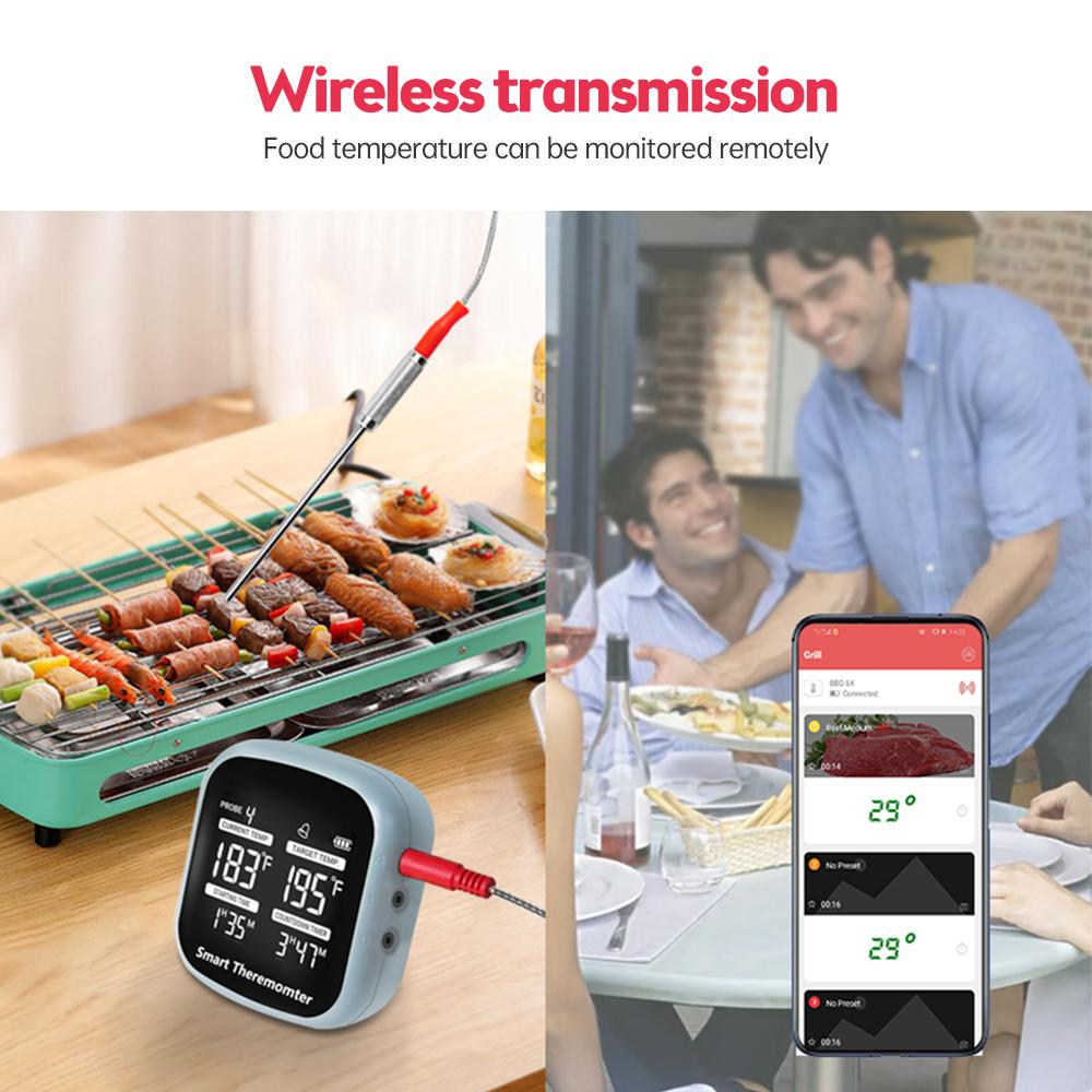 Kabelloses Fleischthermometer, LCD, digitales Grillthermometer mit Alarm, 6 Sonden, magnetisch, 164 Fuß BT