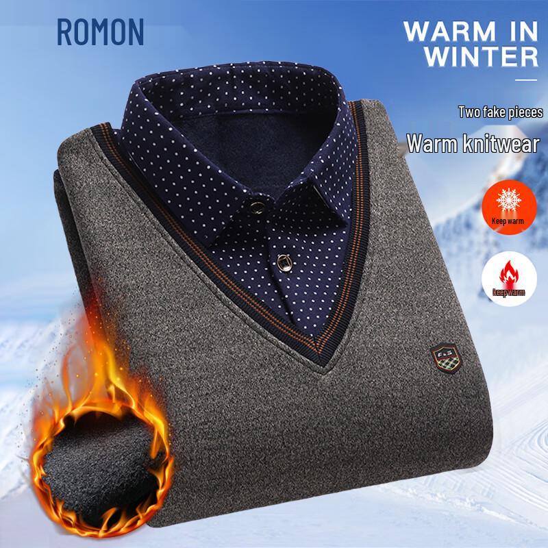 ROMON Men s Faux Two-Piece Shirt Collar Pullover Sweater L