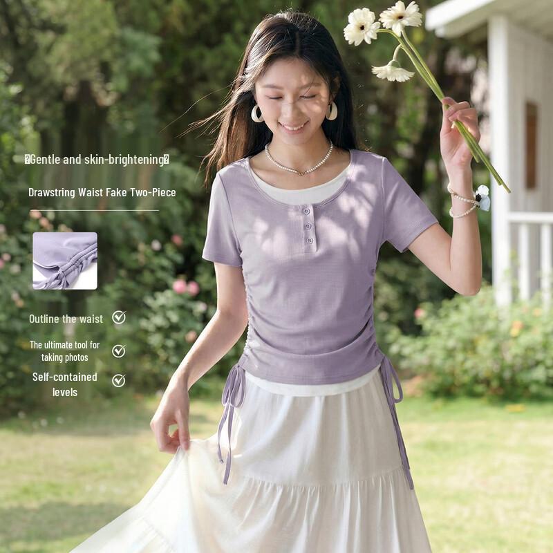 Faux Two-Piece Slimming Short-Sleeve T-Shirt M