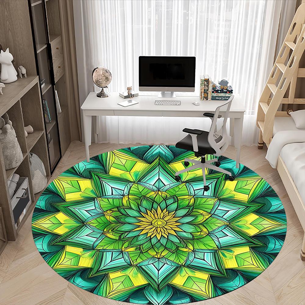 1PC Green Mandala Pattern Office Round Rug, Non slip, Soft and Durable Office Rug for Interior Decoration, Perfect for Office