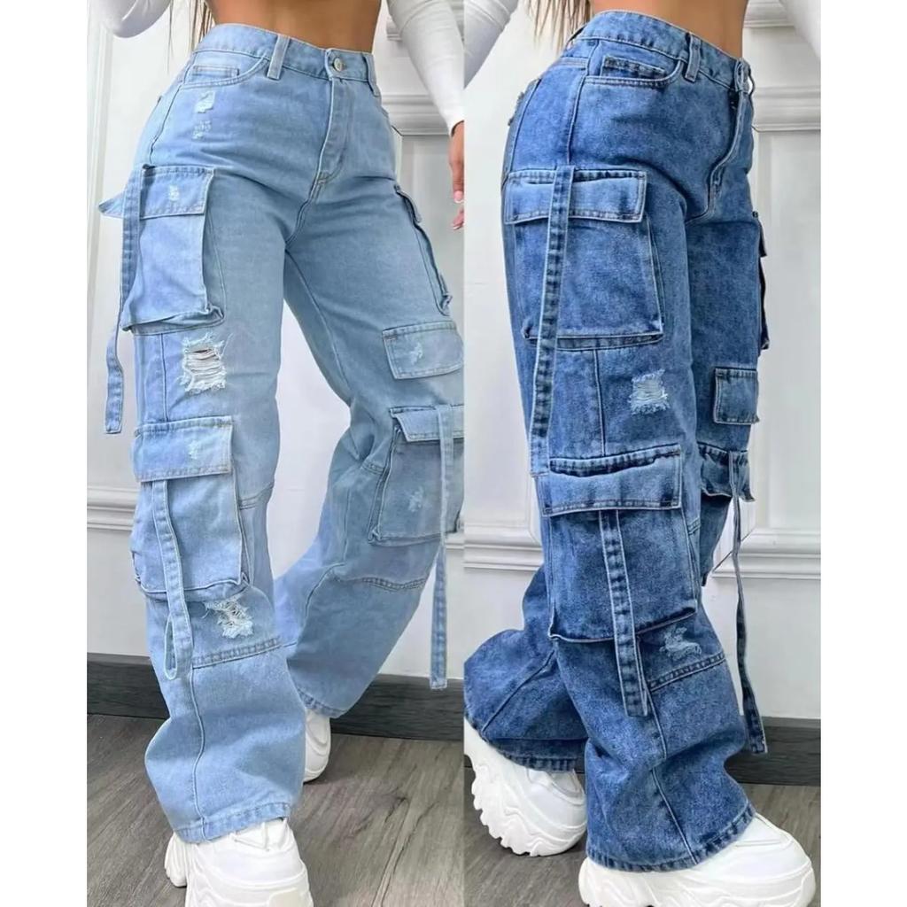 VIONA High Waist Multi Pocket Jeans Women New Fashionable Solid Color Versatile Large Size Cargo Pants