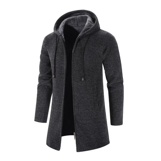 Men Knitting Coat Hooded Drawstring Long Sleeve Solid Color Jacket Zipper Placket Mid-length Warm Winter Jacket