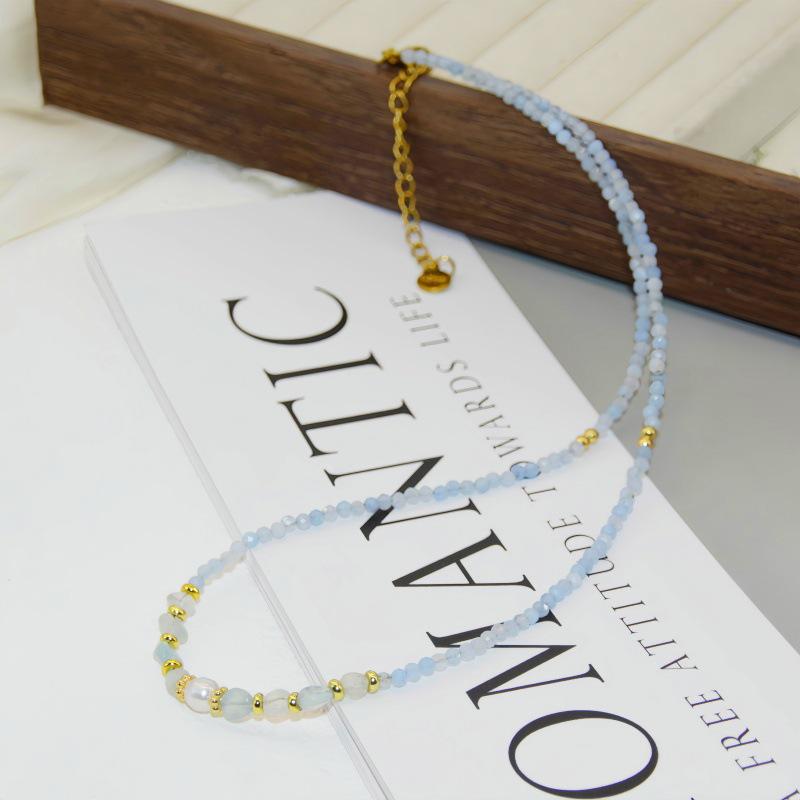 Frühlings-/Sommer-Süßwasserperlen- & Aquamarin-Kristall-Amethyst-Halskette - Perfekt für Studenten & beste Freunde