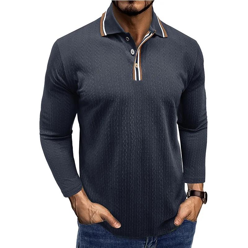Men's Knit Long Sleeve Polo Shirts Turn Down Collar Business Casual Pullover Tops