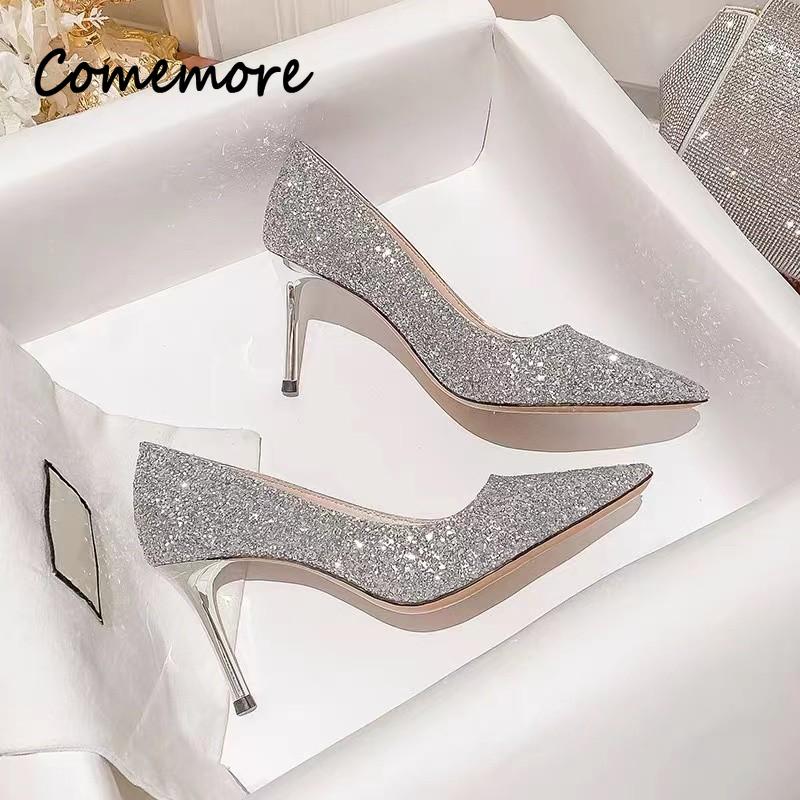 Comemore High Heels Women Wedding Pumps Shoes Heel Bride 2025 Gold Luxury Designer Elegant Party Sandals Dress Dance Sexy Silver