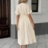 Women Dress V-neck Lace-up Short Sleeve High Waist Midi Dress Solid Color Flowy Hem Casual Dress Daily Wear