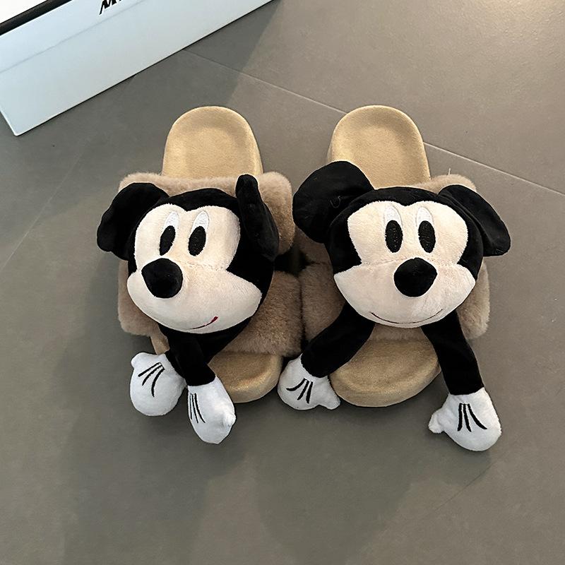 One-word Three-dimensional Mickey Thick-soled Fluffy Slippers Autumn and Winter Fashion Cartoon Outer Wear Warm Girls Half-towed Cotton Slippers