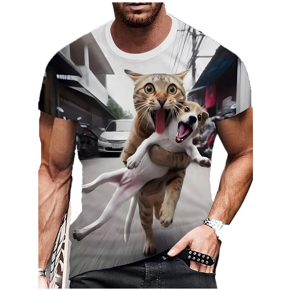 

Дышащий летний повседневный топ с круглым вырезом и короткими рукавами, повседневная одежда для улицы, мужской топ с 3D-принтом с рисунком играющих кошек и собак 3XL