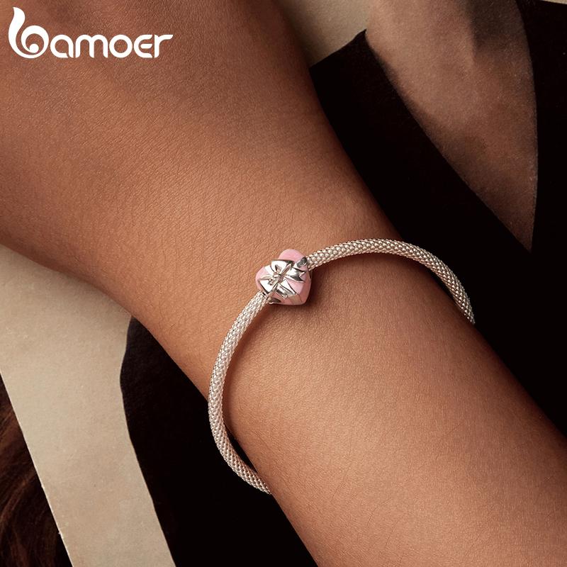 AMOER Solid 925 Srebro Sterling Różowe Serce Charm Koralik pasuje Oryginalna Bransoletka i Naszyjniki Biżuteria Bamoer Infinity Love Charm