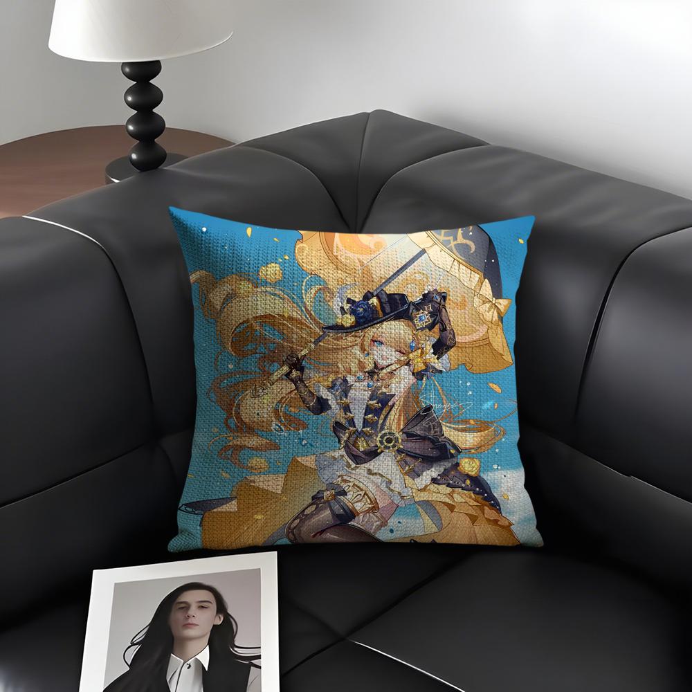 NNavia GenshinN Anime Cushion Cover Natural Linen Organic Fabric DoubleSided Printing Sofa Home Decor Gift Pillow Case