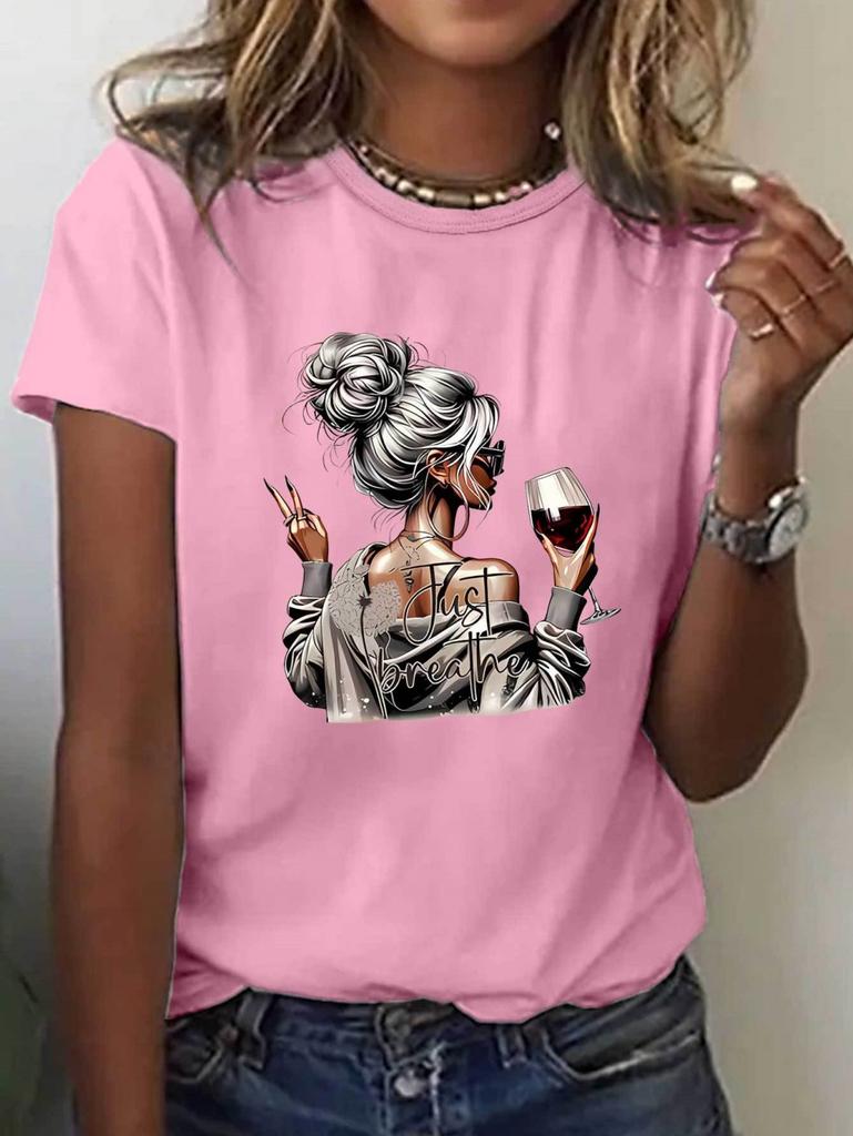 Women's Tops Girls' Wine Glass Graphics Print Summer Short Sleeved T-Shirt Minimalist Solid Color Casual Tees Clothing Female
