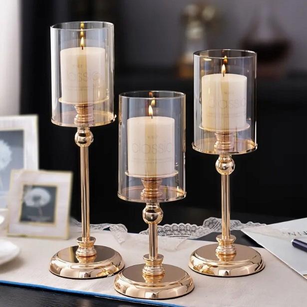 Elegantes Set aus 3 Stück goldener Glas-Kerzenhalter Kerzenhalter goldener