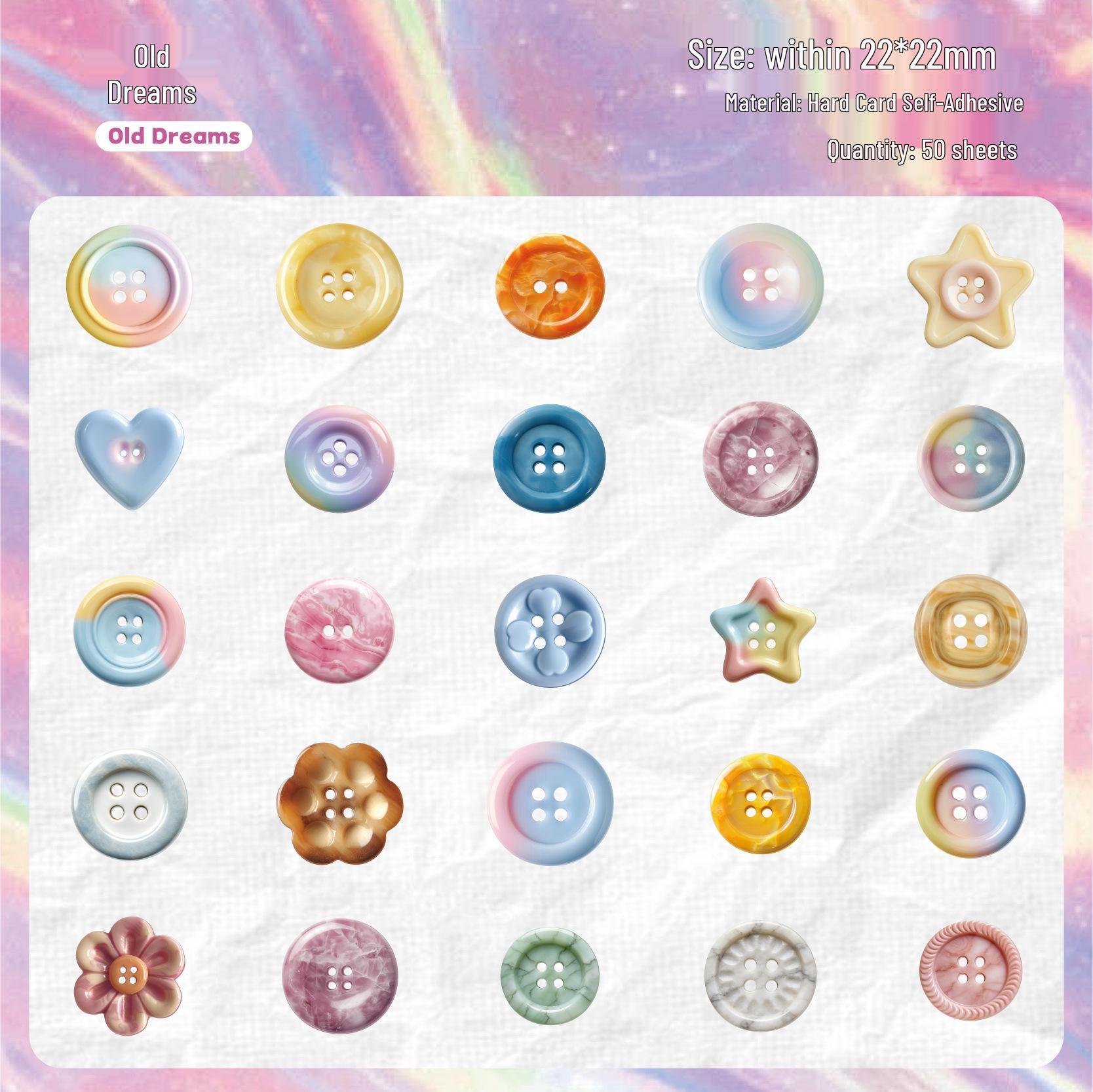 Retro Story Card Sticker Set: Button Style, 6 Designs, 50 Pieces for Journaling