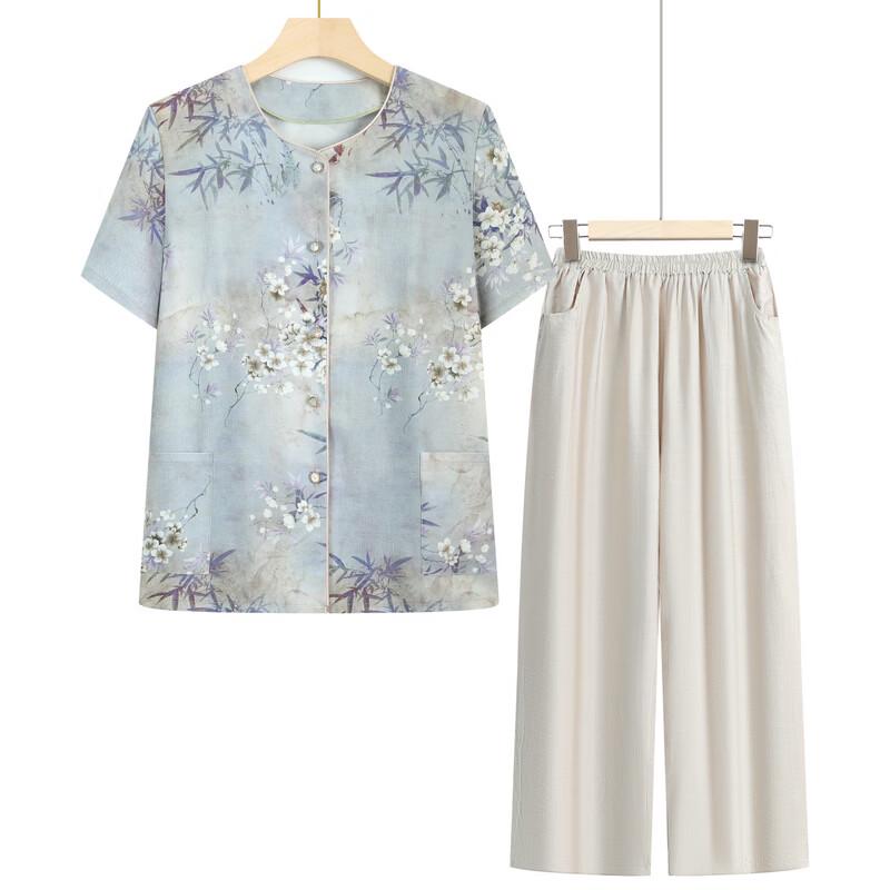LangSha Elderly Women's Summer Floral Short Sleeve Set