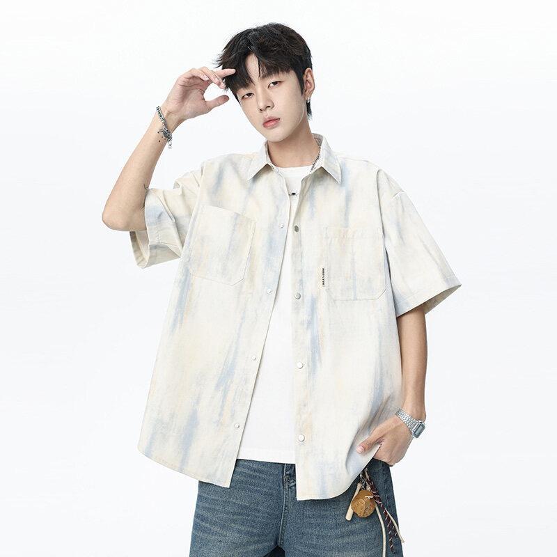 Men Vintage Tie Dye Loose Casual Short Sleeve Turn Down Collar Shirt M