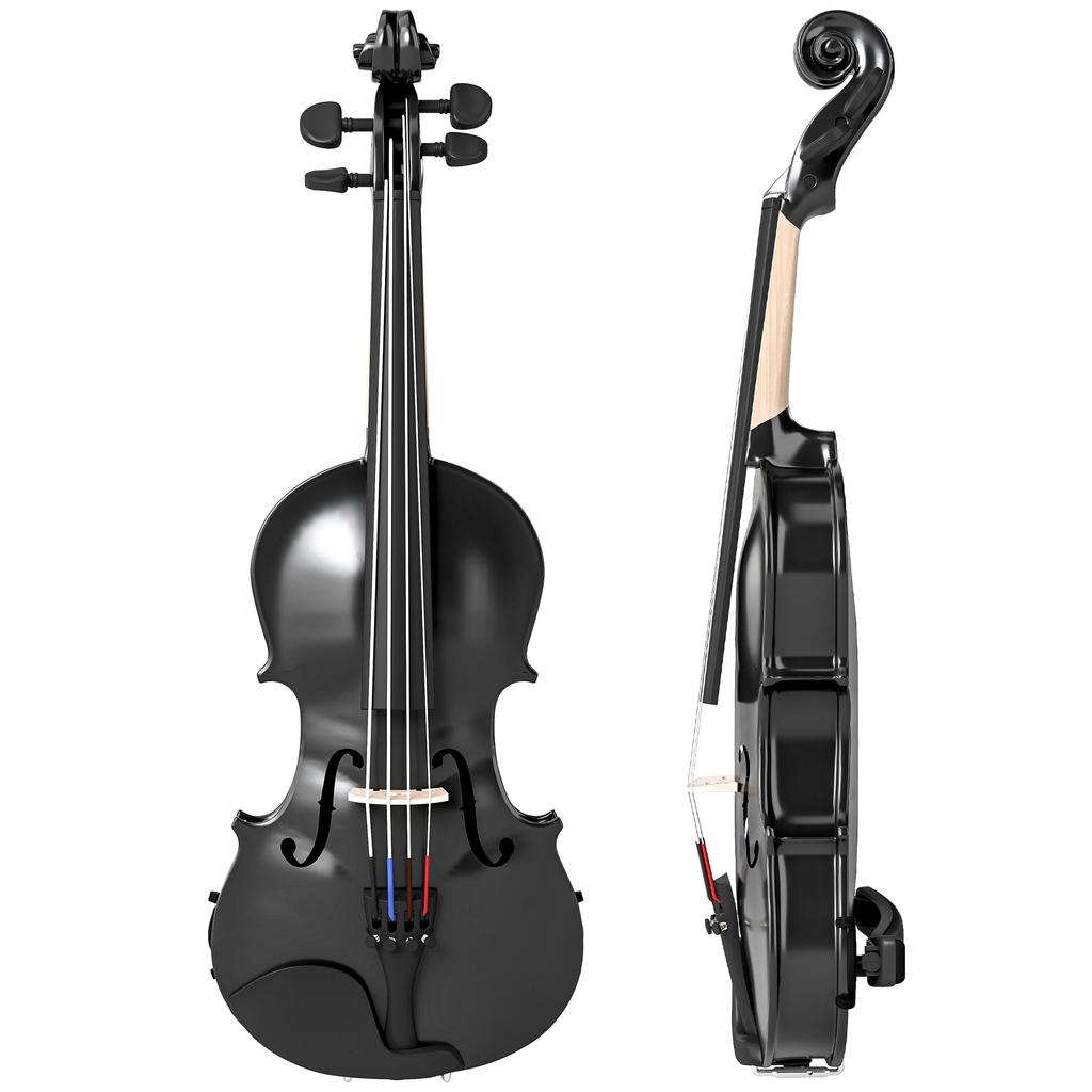 Wooden Violin, Full Size 4/4, Case, Bow, Rosin, Tuners, Strings, Shoulder Rest, Black