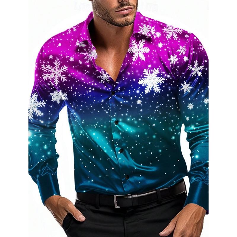 Camicie da Uomo a Tema Natalizio con Stampa Alberi di Natale Grafiche Degradé Fiocchi di Neve Camicie a Manica Lunga Button-Up Top alla Moda