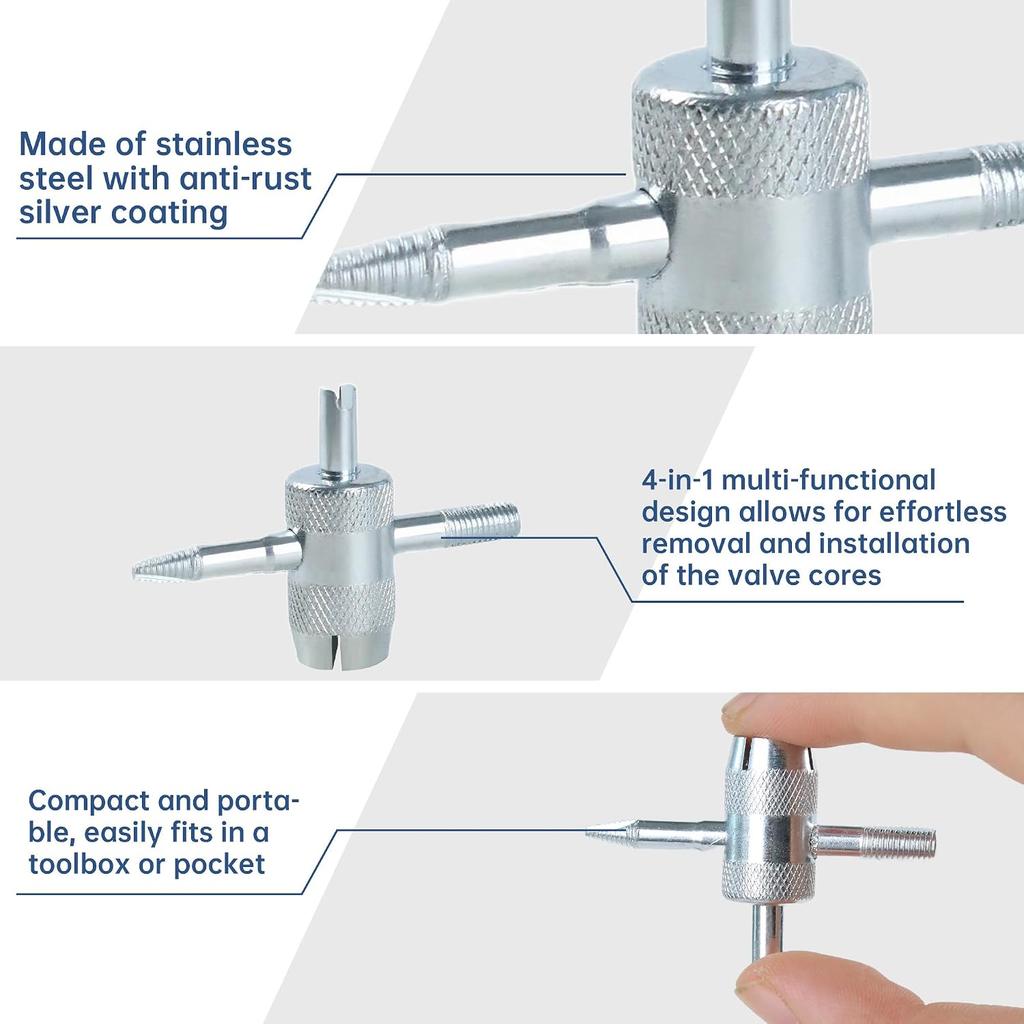 4 Pcs 4-Way Valve Core Removal Tool Stainless Steel Tire Valve Stem Tools 4-in-1 Valve Stem Removal Tool Valve Stem Puller for Bicycle Motorcycle Car