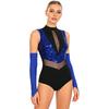Women Shiny Sequin Leotard Gymnastics Dance Performance Outfit Mock Neck Sleeveless Sheer Mesh Waist Cutout Back Bodysuit