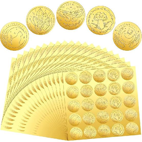 Chinco 500 Pieces Gold Embossed Envelope Seals Stickers Adhesive Seal Stickers Vintage Embossed Foil Certificate Kit Plant DIY Labels for Wedding