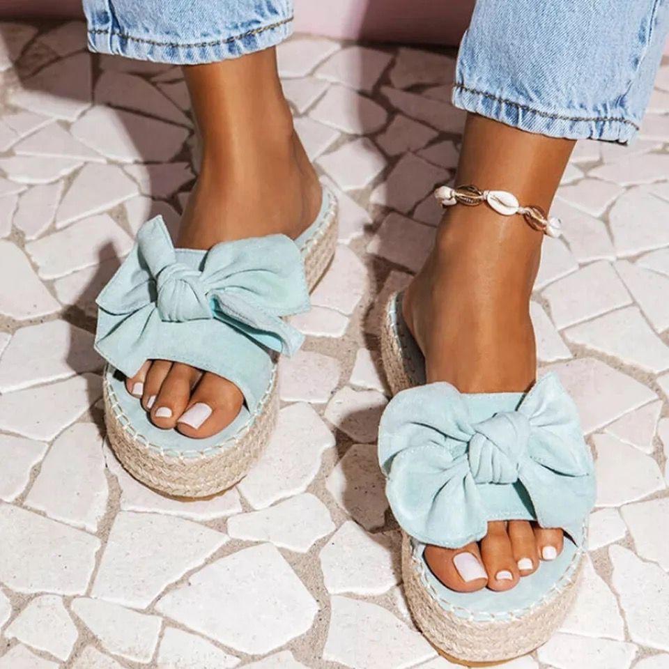 Women Bowknot Slippers 2022 Summer Casual Beach Muffin Slip On Platform Ladies Sandals Dress Party Peep Toe Female Sandals 4F